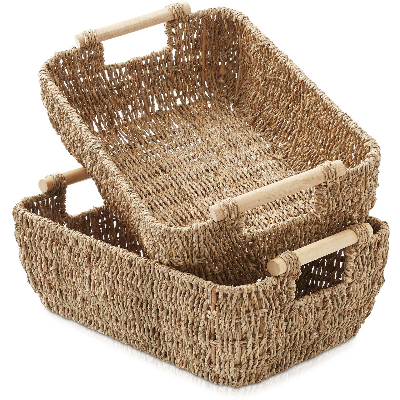 Casafield Set of 2 Water Hyacinth Seagrass Oval Storage Baskets with Wooden Handles - Woven Bin Organizers